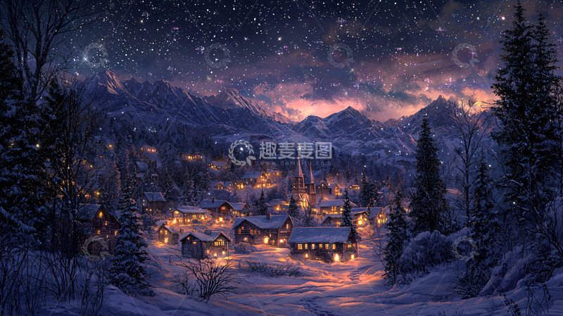 高清大图下载【趣麦麦图】雪夜山村