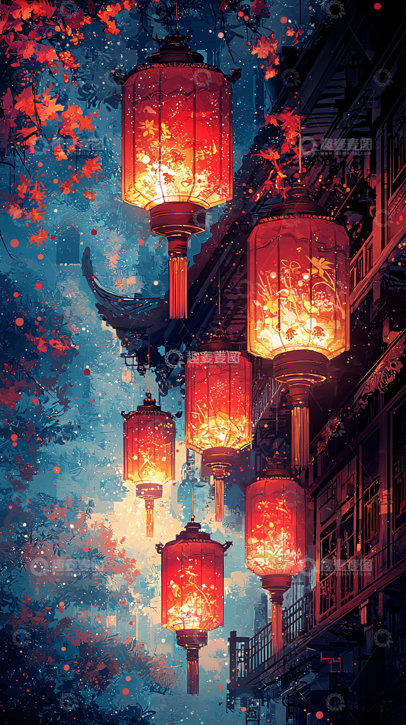 高清大图下载【趣麦麦图】红色灯笼点亮夜空
