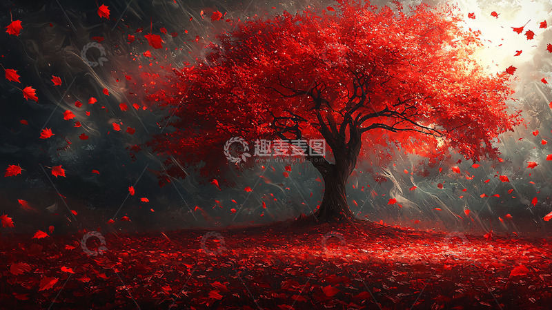 高清大图下载【趣麦麦图】红叶树下落叶缤纷