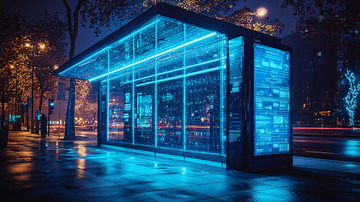 夜晚蓝色灯光公交车站