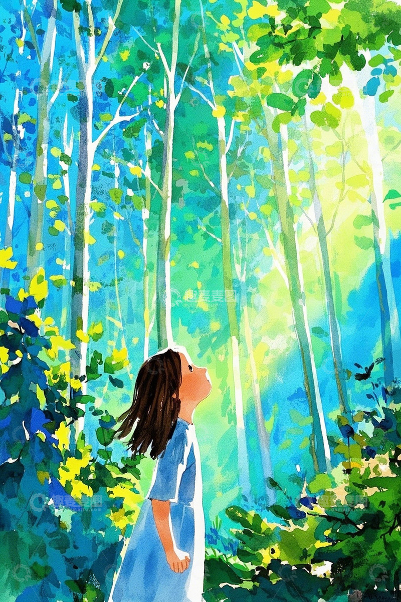 高清大图下载【趣麦麦图】小女孩森林插画