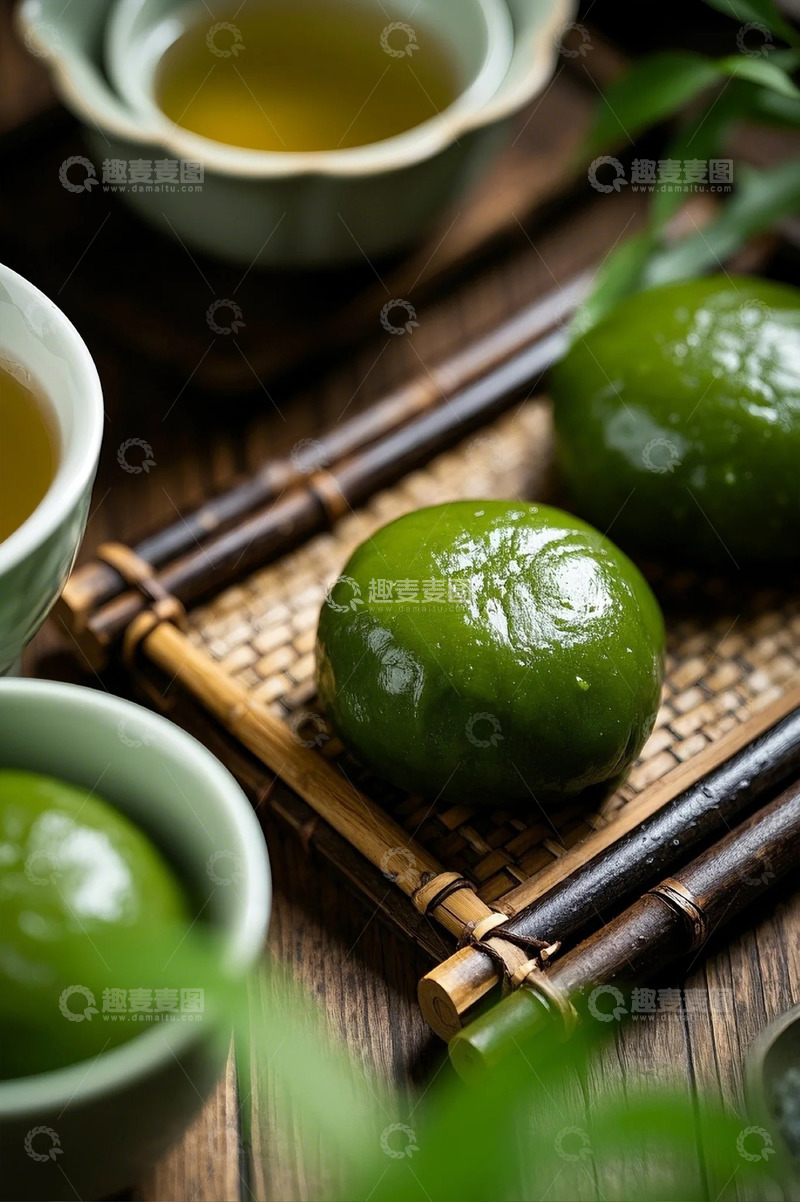 高清大图下载【趣麦麦图】木质竹制摆盘光滑圆润的青团4