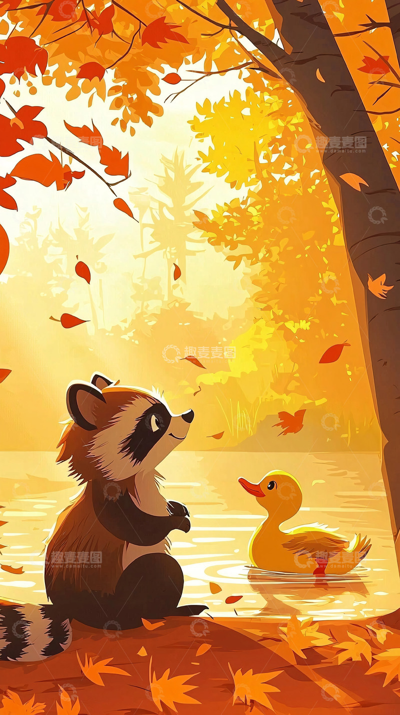 高清大图下载【趣麦麦图】秋日浣熊与小黄鸭