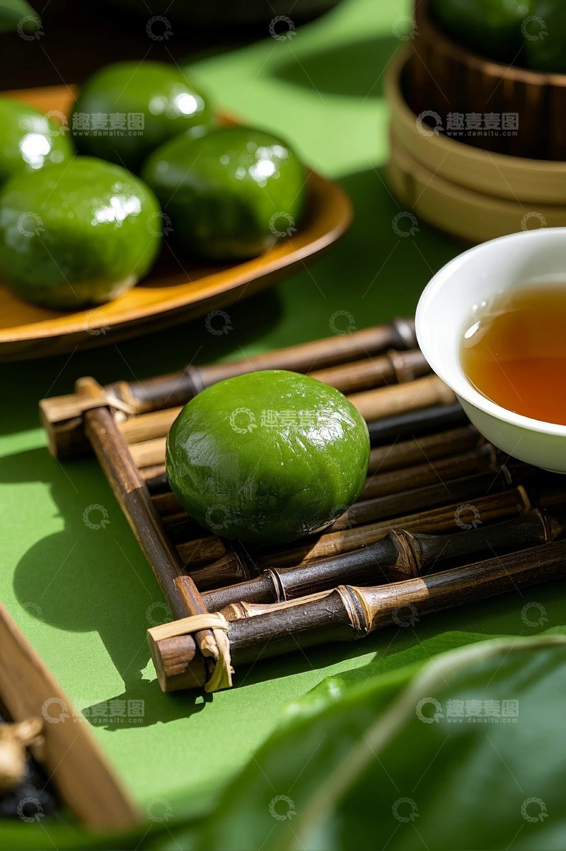 高清大图下载【趣麦麦图】绿色背景竹制摆盘光滑圆润的青团