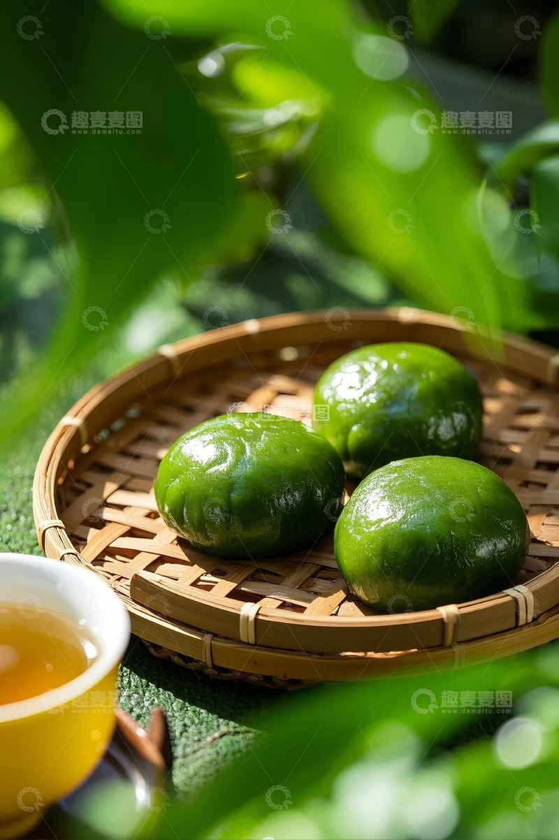 高清大图下载【趣麦麦图】绿色背景竹制摆盘光滑圆润的青团1