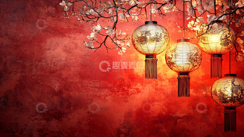 高清大图下载【趣麦麦图】红墙背景中式灯笼