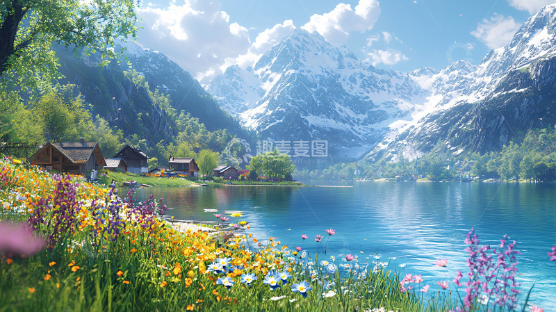 高清大图下载【趣麦麦图】春意盎然的雪山湖泊