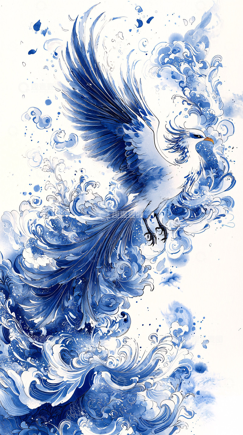 高清大图下载【趣麦麦图】水墨蓝凤凰
