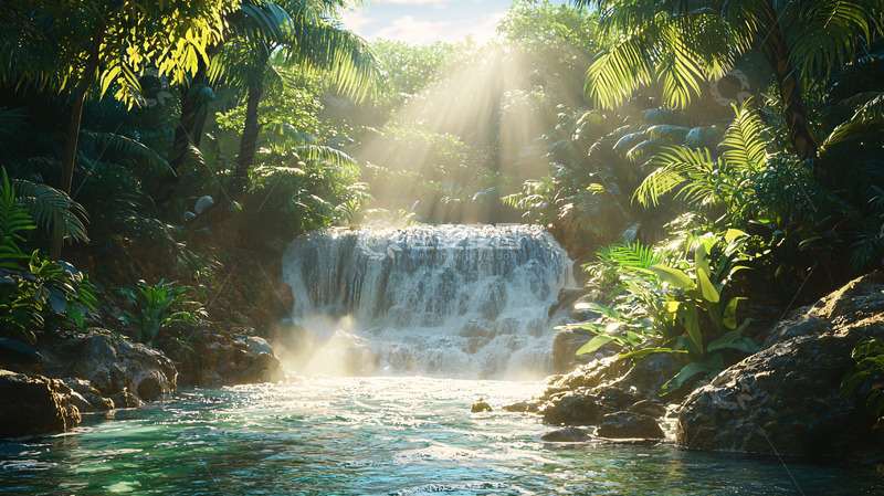 高清大图下载【趣麦麦图】阳光透过树林照射瀑布