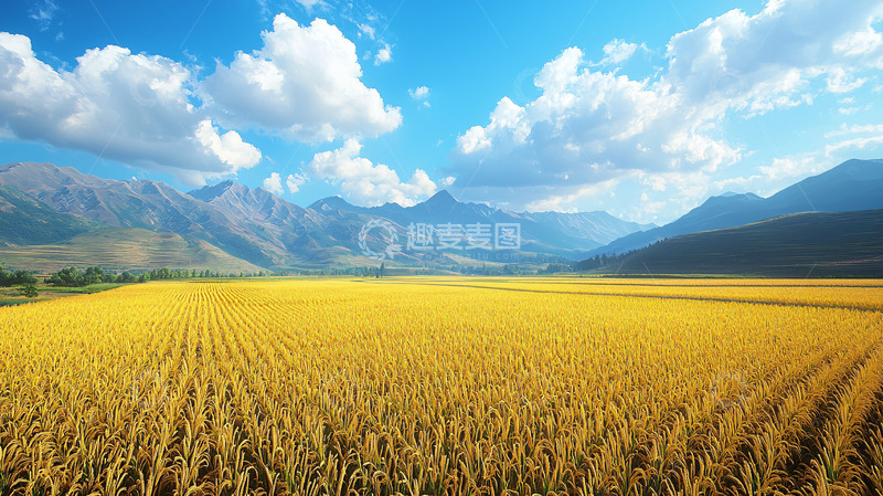 高清大图下载【趣麦麦图】金黄麦田与蓝天白云下的山脉