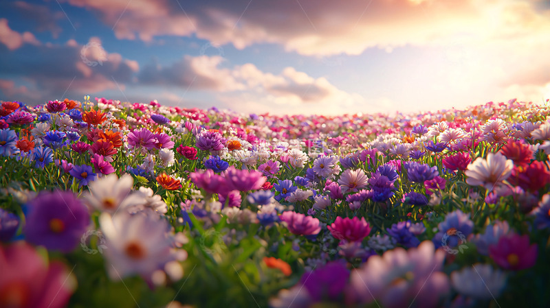 高清大图下载【趣麦麦图】彩色花田日落美景