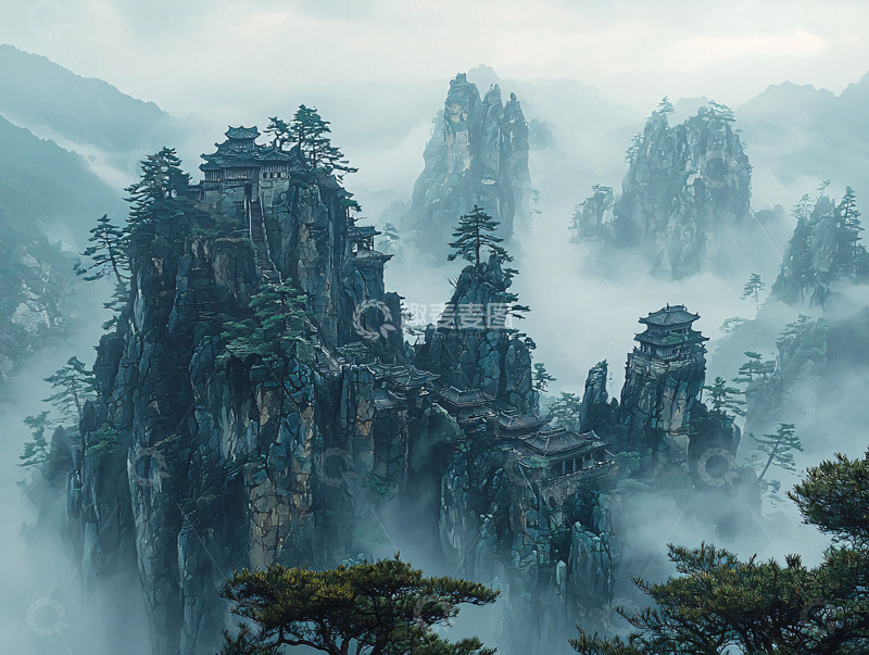 高清大图下载【趣麦麦图】云雾缭绕的奇峰险峻