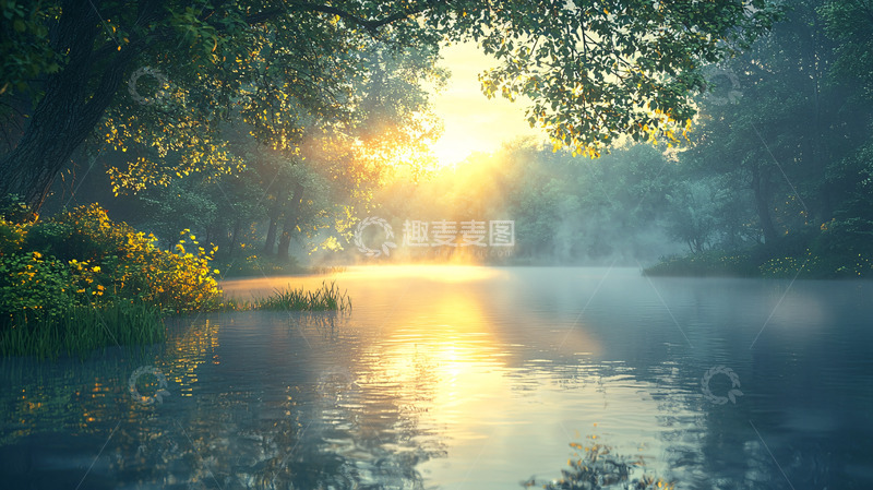 高清大图下载【趣麦麦图】清晨森林河流日出