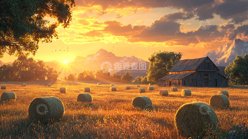 高清大图下载【趣麦麦图】日落麦田景色