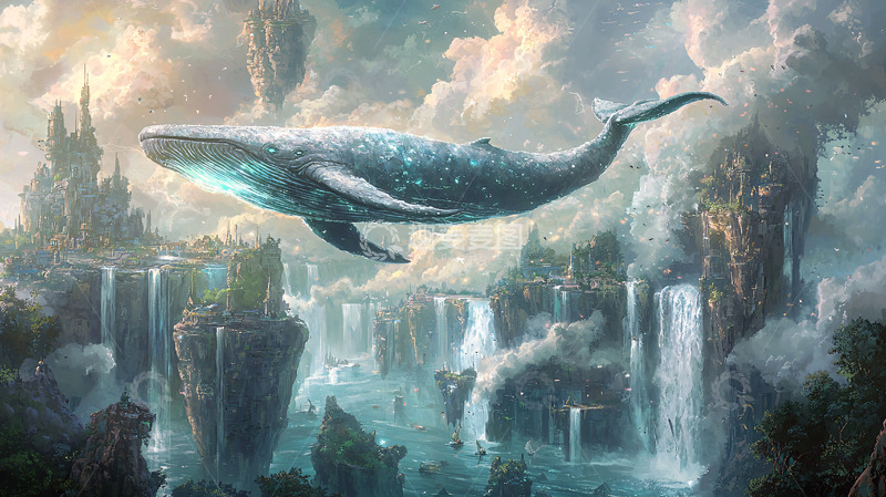 高清大图下载【趣麦麦图】飞翔的鲸鱼与梦幻岛屿