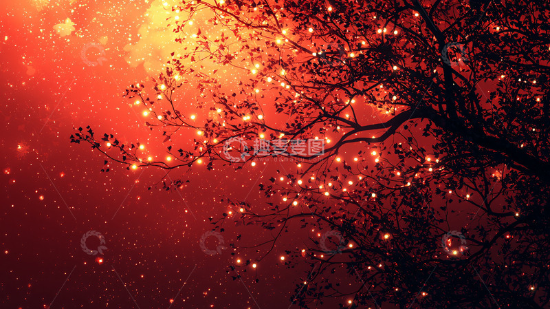 高清大图下载【趣麦麦图】红月夜空树枝上的点点星光