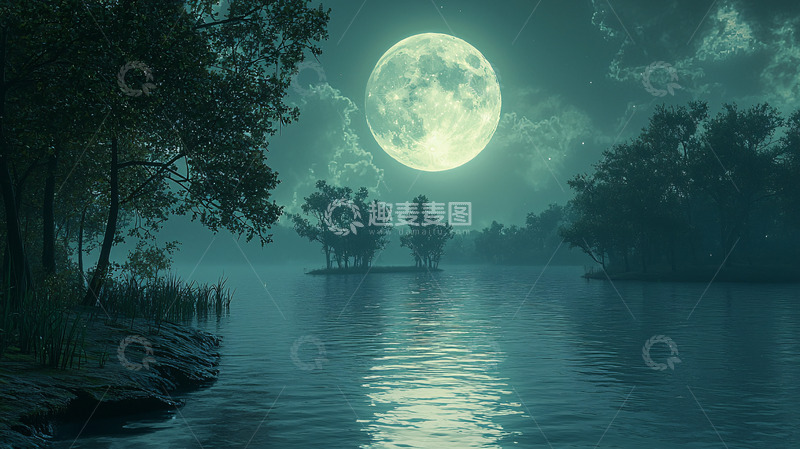 高清大图下载【趣麦麦图】宁静湖面上的满月之夜