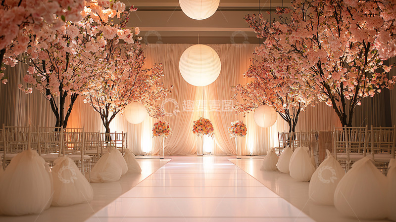高清大图下载【趣麦麦图】粉色花树下的婚礼通道