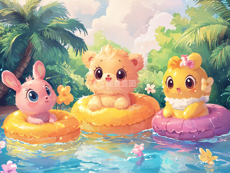 高清大图下载【趣麦麦图】卡通动物水中漂浮