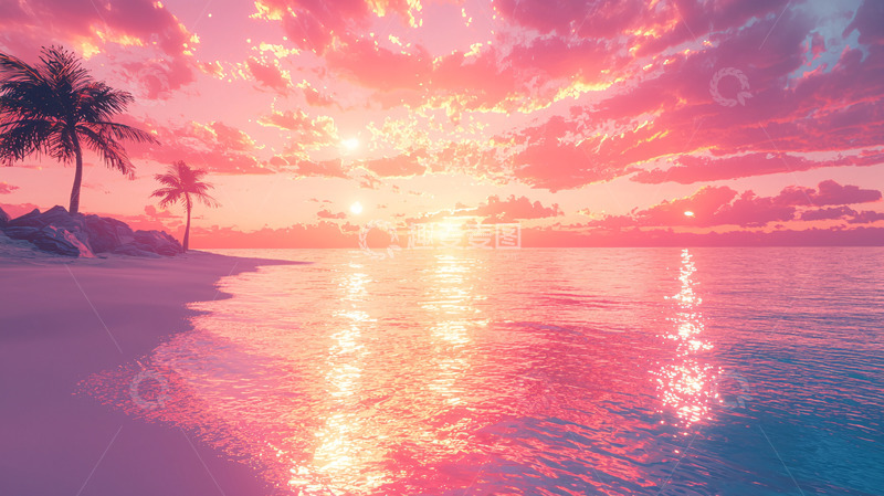高清大图下载【趣麦麦图】粉色系海滩日落