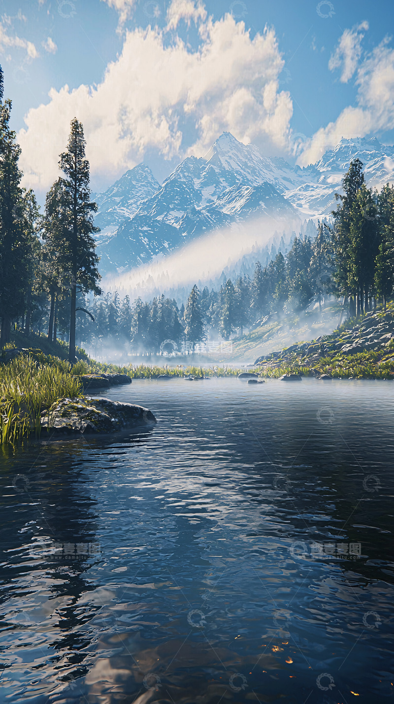 高清大图下载【趣麦麦图】雪山河流森林风景