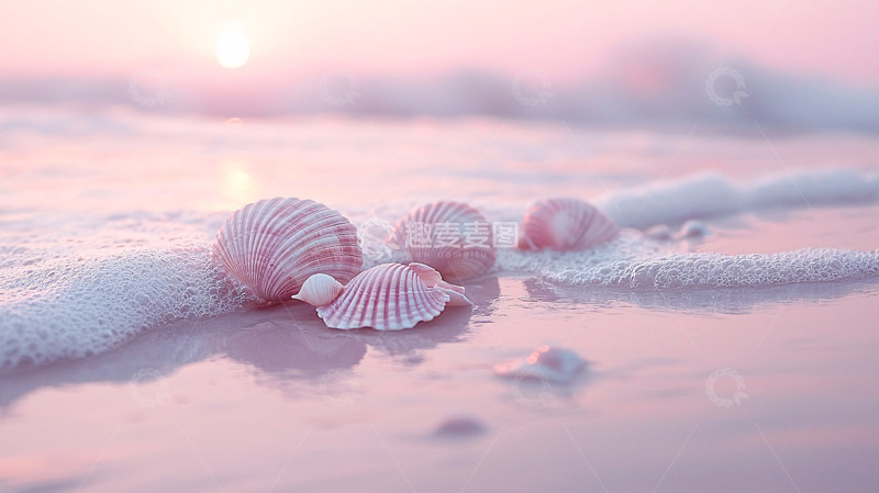 高清大图下载【趣麦麦图】粉色贝壳海滩日落