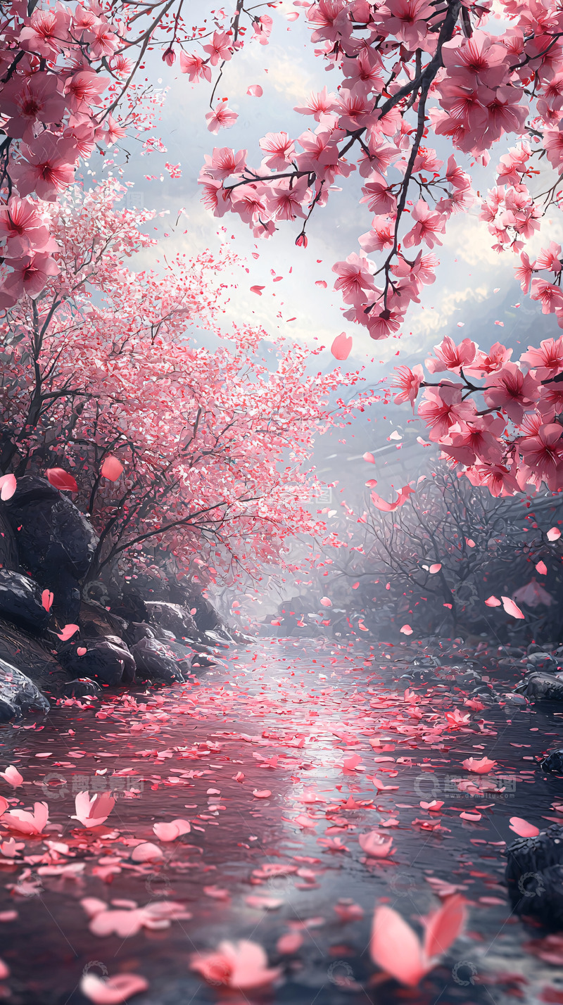 高清大图下载【趣麦麦图】粉色樱花飘落水面