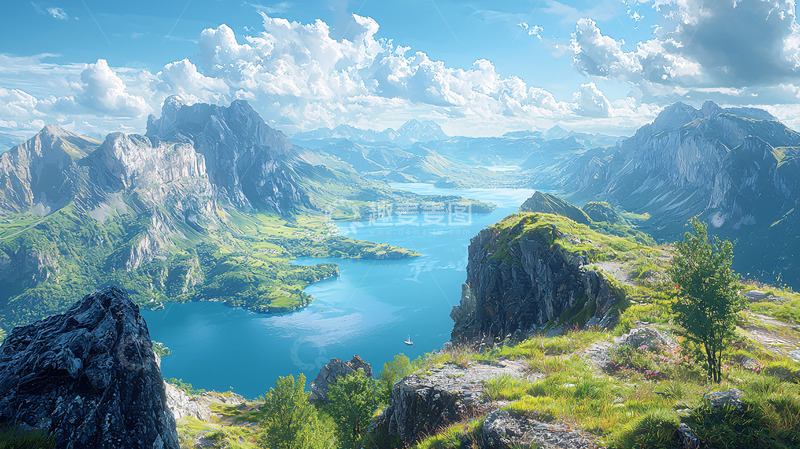 高清大图下载【趣麦麦图】阳光明媚的山峦湖泊景色