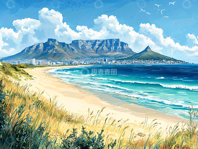 高清大图下载【趣麦麦图】-桌山海滩风景画