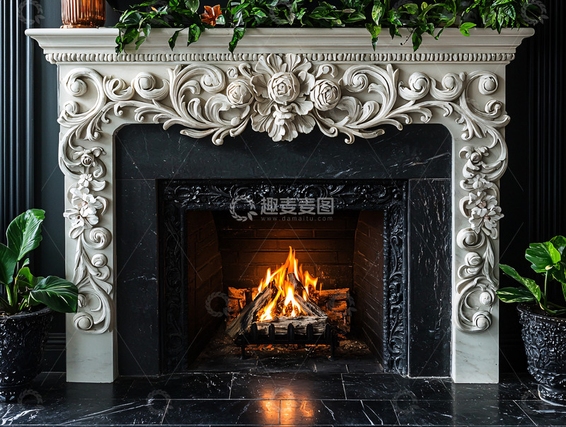 高清大图下载【趣麦麦图】雕花壁炉与火焰
