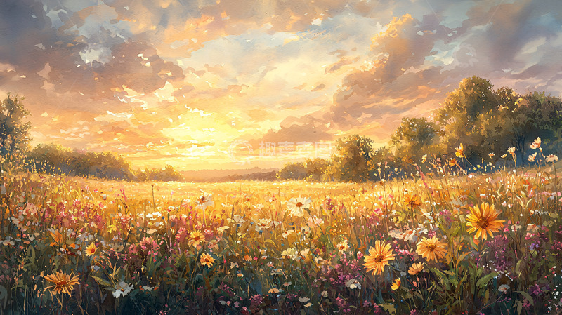 高清大图下载【趣麦麦图】夕阳下的金色花海
