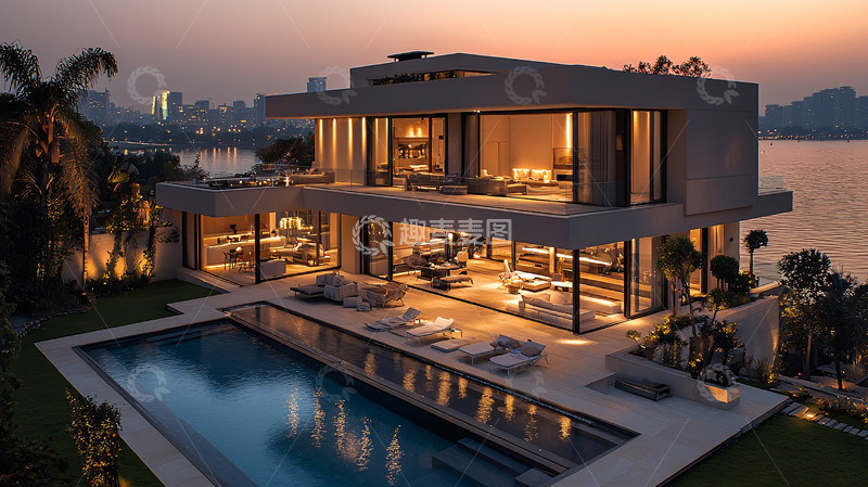 高清大图下载【趣麦麦图】湖景别墅夜景