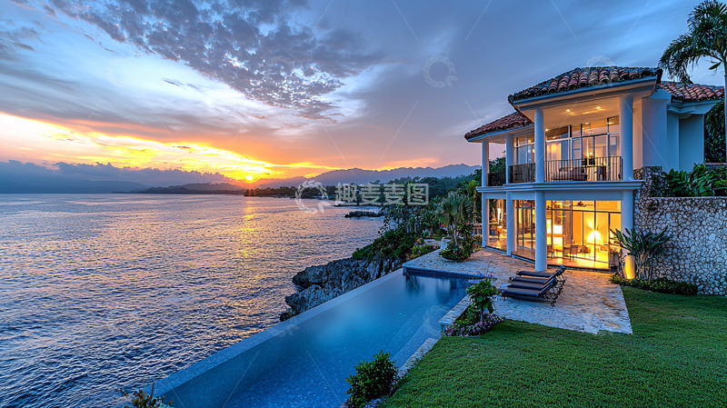 高清大图下载【趣麦麦图】海边豪华别墅夕阳美景
