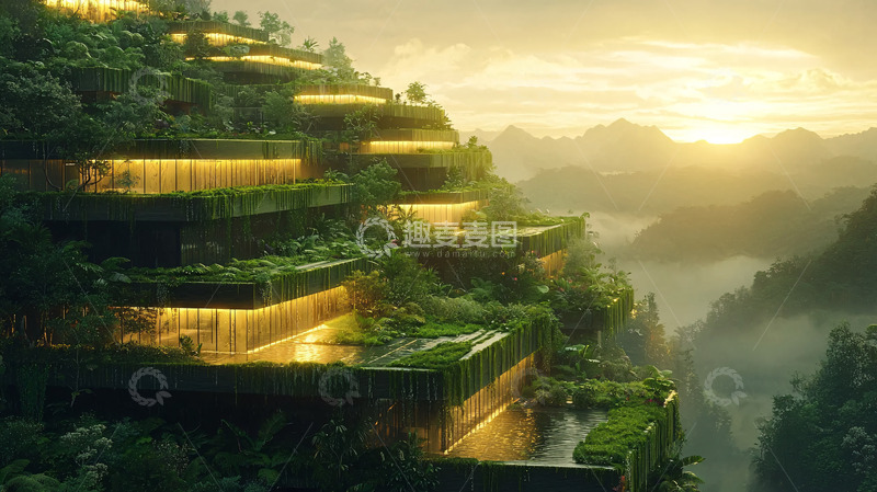 高清大图下载【趣麦麦图】山坡上的绿色建筑