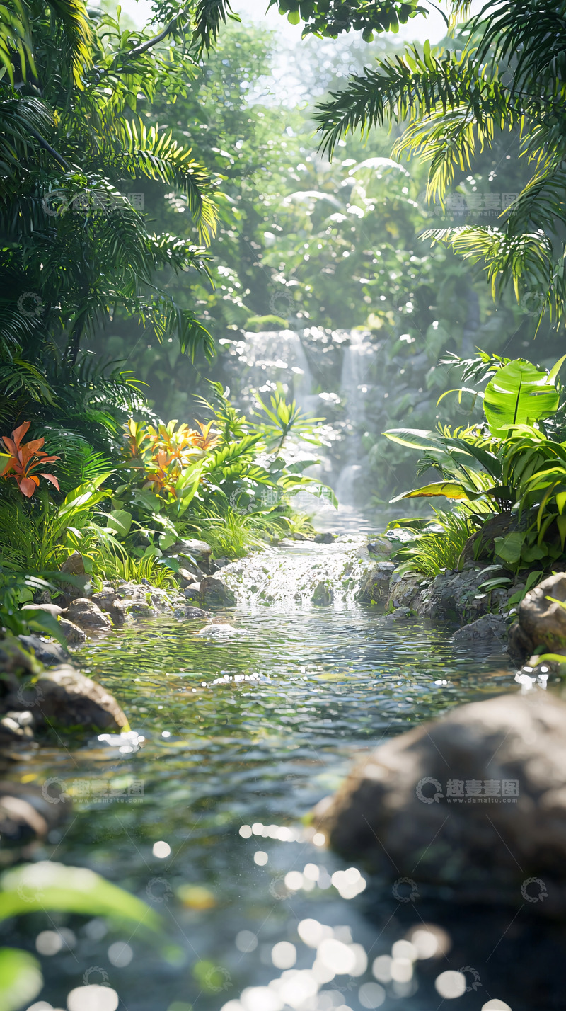 高清大图下载【趣麦麦图】热带雨林小溪瀑布风景