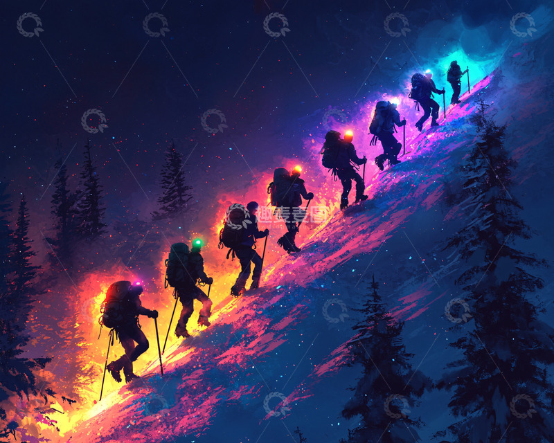 高清大图下载【趣麦麦图】夜间登山队炫彩灯光
