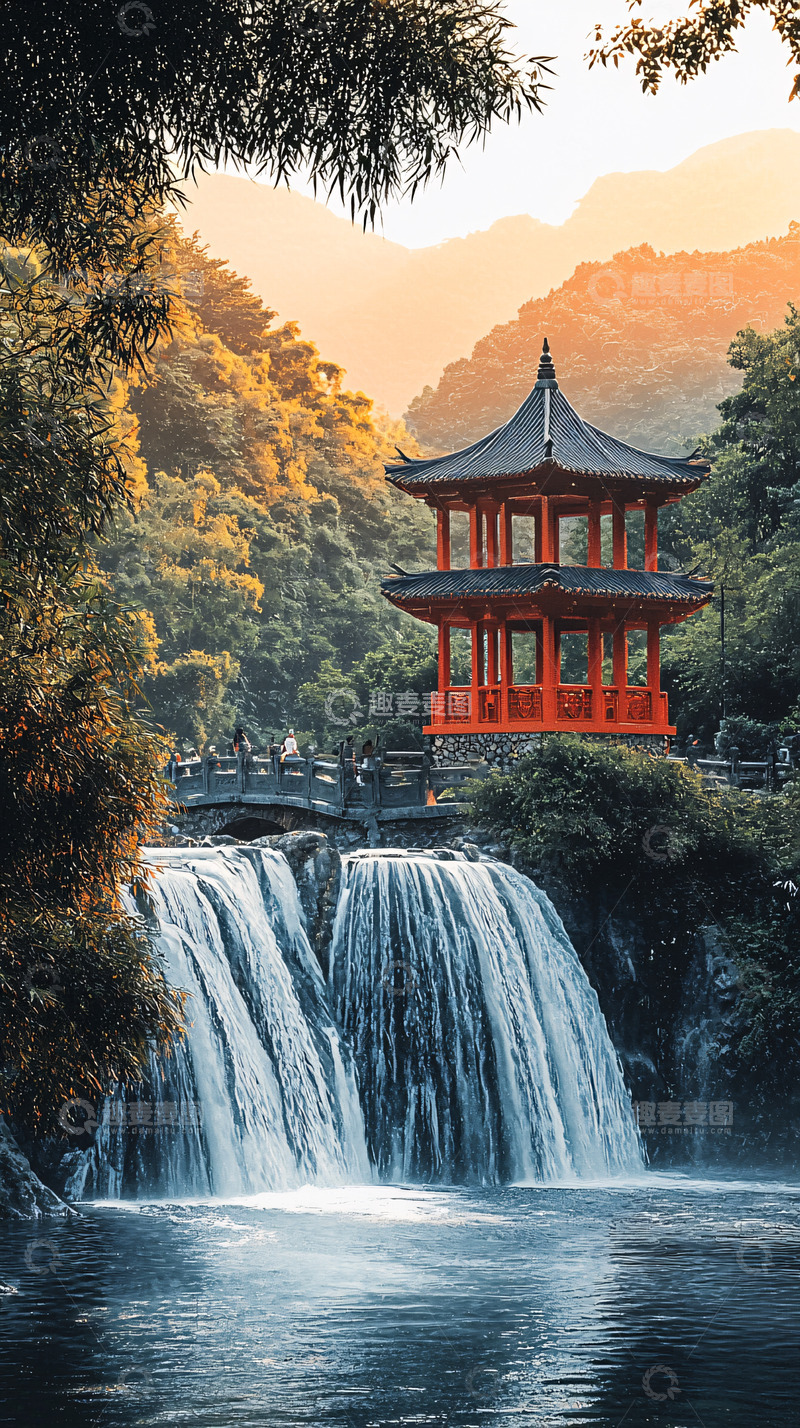 高清大图下载【趣麦麦图】山间瀑布红亭夕阳