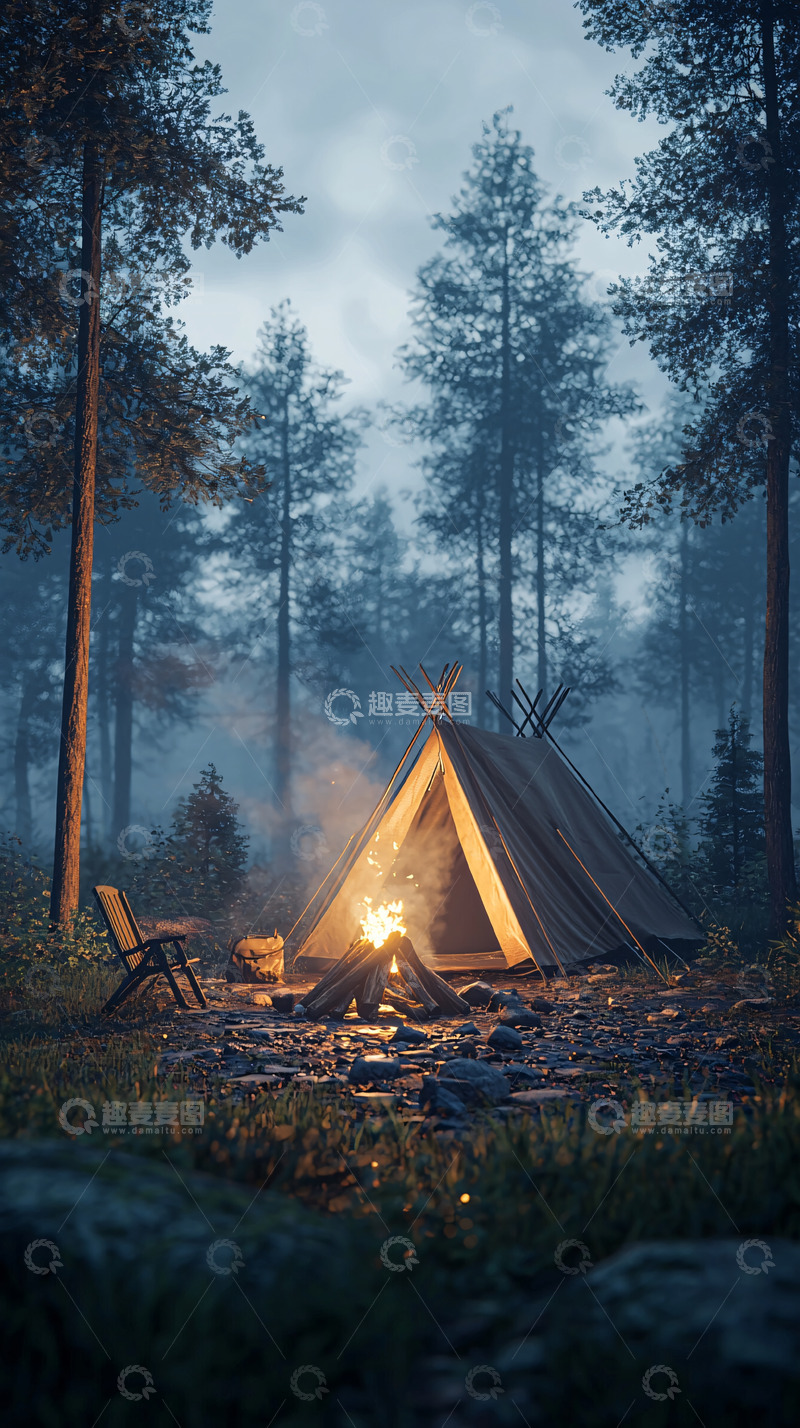 高清大图下载【趣麦麦图】森林中的帐篷篝火