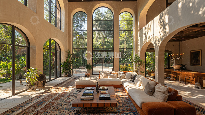高清大图下载【趣麦麦图】高挑空间拱形落地窗别墅客厅