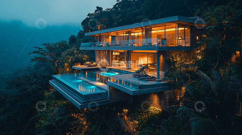 高清大图下载【趣麦麦图】山崖别墅夜景