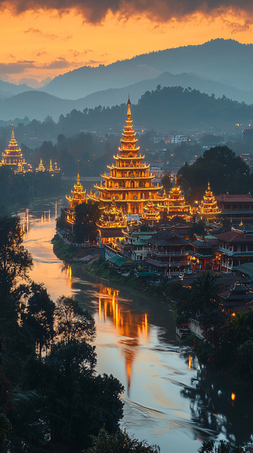 夕阳下金碧辉煌的寺庙