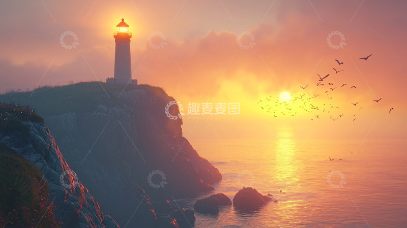 高清大图下载【趣麦麦图】日落海景灯塔剪影