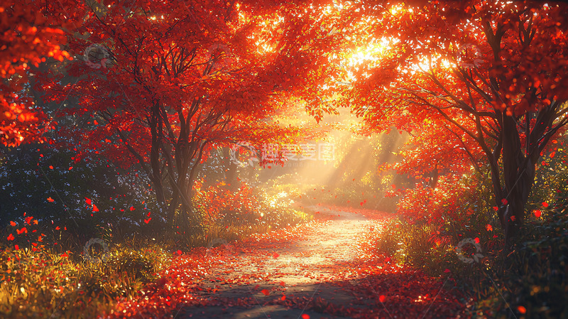 高清大图下载【趣麦麦图】秋日红叶小路