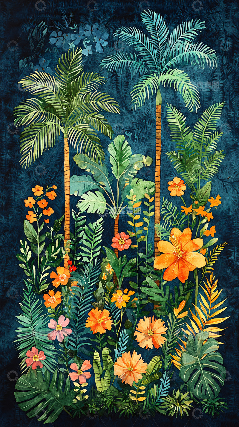高清大图下载【趣麦麦图】热带植物花卉水彩画