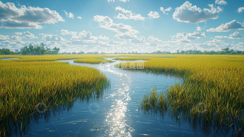 高清大图下载【趣麦麦图】阳光下的金黄湿地