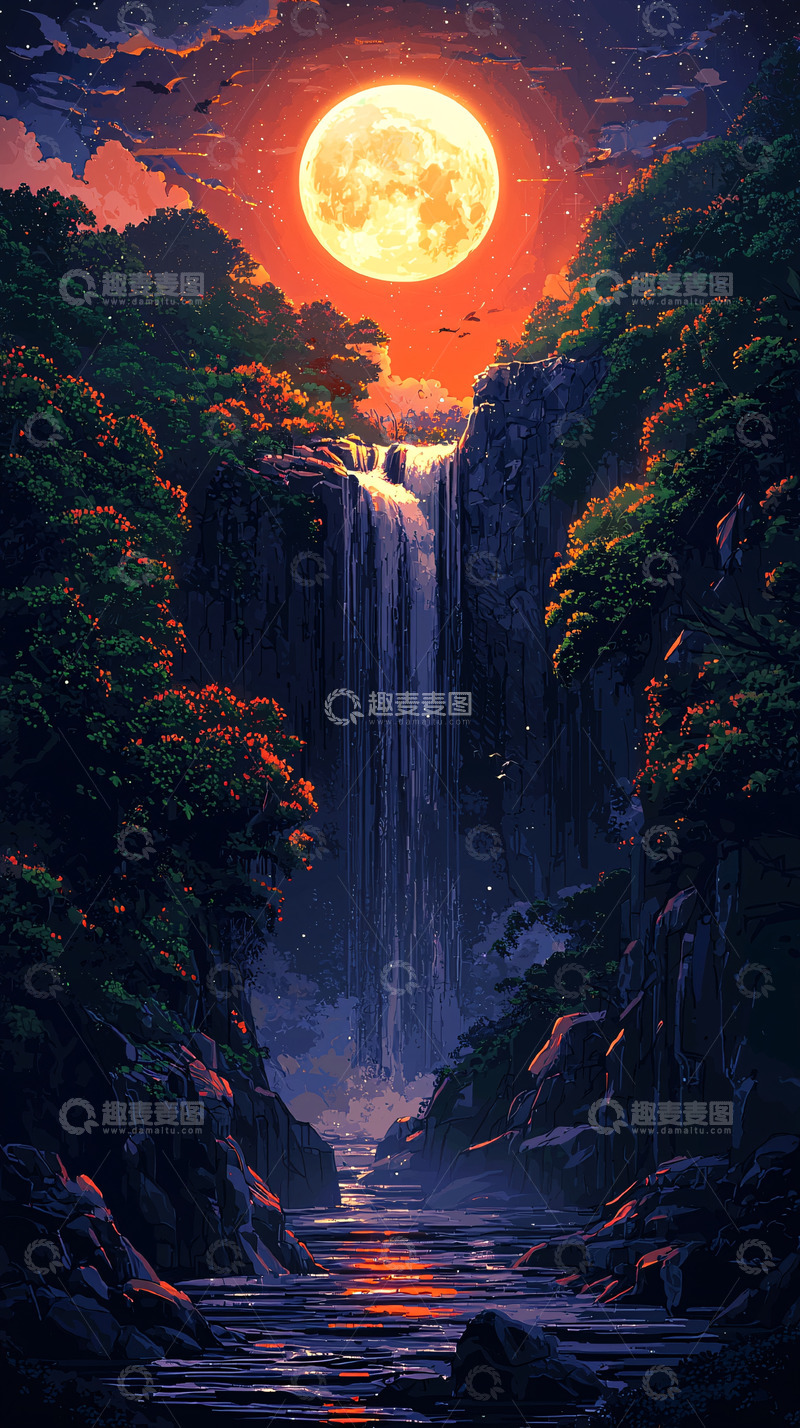 高清大图下载【趣麦麦图】血月下的瀑布