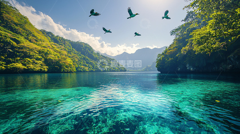 高清大图下载【趣麦麦图】碧海蓝天飞鸟环绕