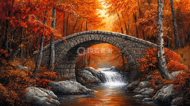 高清大图下载【趣麦麦图】秋日森林石桥流水