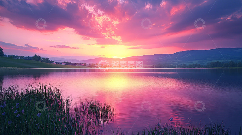 高清大图下载【趣麦麦图】湖面日落的粉色天空