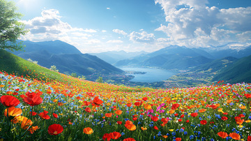 山峦湖泊鲜花盛开